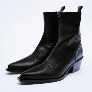 ZARA Leather Cowboy Ankle Boots Black